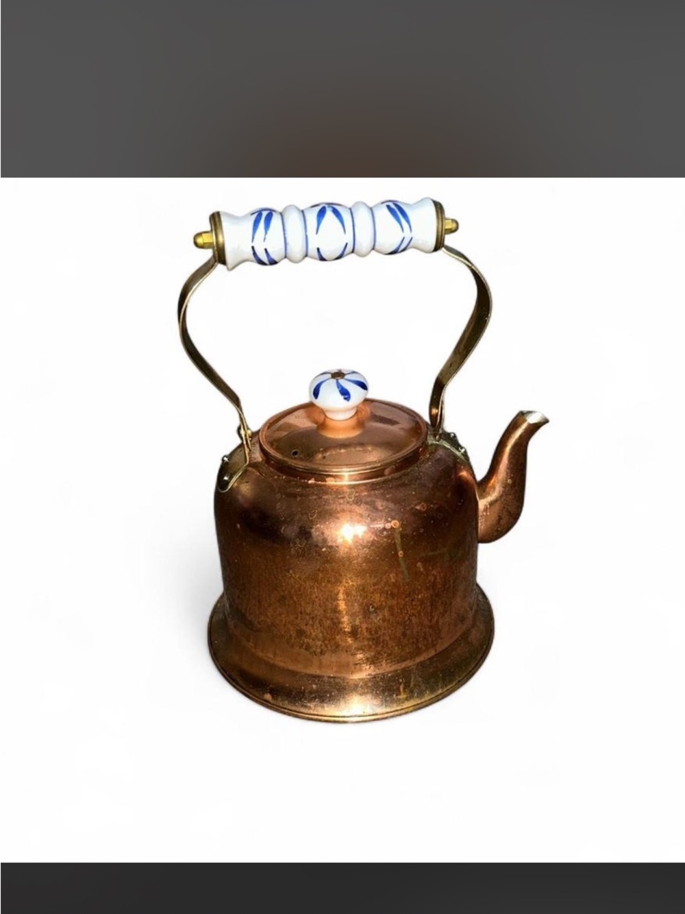 Copper Teakettle with White & Blue Ceramic Handle and Knob